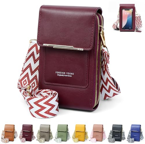 DBPBToU Handytasche zum Umhängen Damen, PU Leder Kleine Umhängetasche Damen, Umhängetasche Damen Klein mit Breitem Verstellbarem Gurt (Burgunderrot)