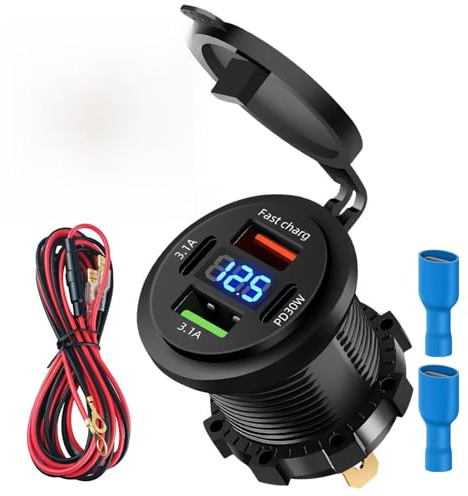 4 Puertos Toma USB de 12V Cargador de Coche, rapida Doble PD3.0 y QC3.0 USB C Enchufe Impermeable Mechero con Led Voltímetro Interruptor Múltiples Puertos para Barcos Autocaravanas Camiones Motos