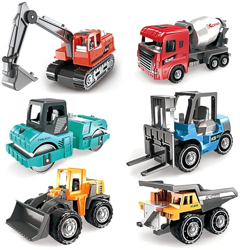Vehículos de Construcción, 6 Piezas Vehículos Construcción Juguete, Mini Coche Juguete, Vehículo de Construcciones Juguete Excavadora para Niño y Niña de 2, 3, 4, 5, 6+ Años