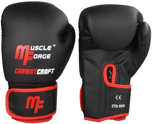 MuscleForge Guantes de Boxeo 12 Oz – Guantes de Boxeo Hombre y Mujer, Sparring y Entrenamiento, Saco de Boxeo, Kick Boxing y Muay Thai – Cuero PU Premium, Ventilación y Cierre con Correa Ajustable