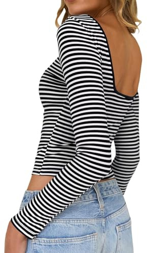 TUUHAW Maglie Donna Maniche Lunghe Scollo a Barca Maglietta A Righe Elasticizzata Coste Elegante T Shirt Top con Schiena Scoperta Slim Fit Tops Basic Sexy Casual Festa Party Tshirt Nero e Bianco XS