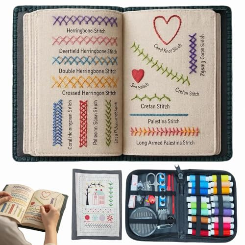 Dewppxi Embroidery Stitch Book Kit, DIY Stickbuch Zum Selber Sticken Set Erwachsene, Tragbares Nähbuch mit komplettem Werkzeugset und Anleitung – ideal für Anfänger und Handarbeitsbegeisterte (1 Set)