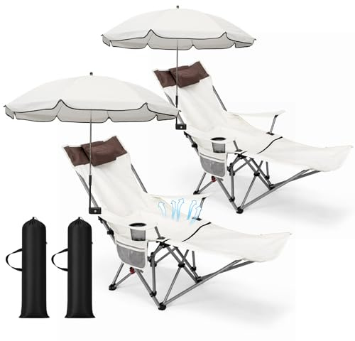 Karenhi 2 Set Reclining Beach Chair with Umbrella for Adult Folding Camping Chair with Foot Rest Adjustable Clamp Canopy Shade for Outdoor Patio Travel Beach Fishing Picnic(Beige)