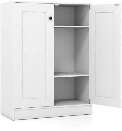 COSTWAY Wooden Storage Cabinet, Freestanding Buffet Sideboard with Doors & Shelves, Display Cupboard Floor Cabinet for Kitchen Dining Room (2 Doors, 60 x 30 x 80cm, Adjustable Shelves, White)
