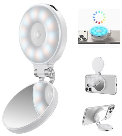 TELESIN Luce Selfie RGB 4 in 1 Magnetica per iPhone e Samsung con Specchio | Ricaricabile e portatile, con clip e supporto telefono, ideale per selfie, TikTok, vlogging, trucco e streaming