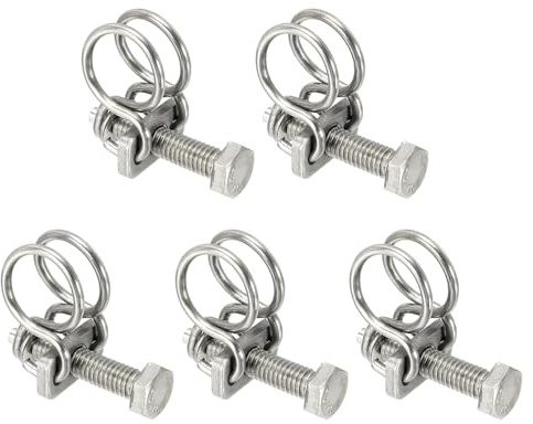 sourcing map 5 Pcs Double Wire Hose Clips 11-14 mm Stainless Steel Adjustable Wire Pipe Tube Clamps with M6 Screw Plumbing Joint Fastener for Dust Collection Pool Pond, Silver