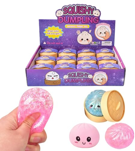 Glitter Dumpling Squish-y | 12 st Squish-y Squeeze Dumplings Bullar med Steamer, Färgglada Squishies Dumplings Stressbollar Leksaker, Mjuk Squeeze Dekompressionsdeg för födelsedagspresenter (F)