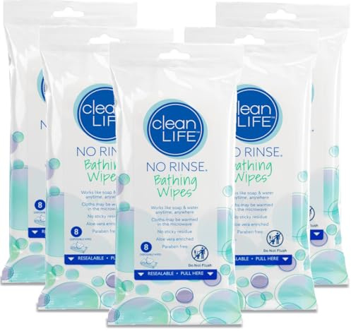 Cleanlife No-Rinse Bathing Wipes (5 Packs of 8) - 40 Disposable Body Wipes | Cleansing Bath Wipes for Adults, Elderly, Camping, Hospital | Rinse Free Personal Care for Travel, Bedridden, Dementia