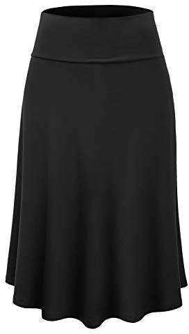 Lock and Love LL WB1105 Womens Lightweight Fold Over Flared Midi Skirt M Black