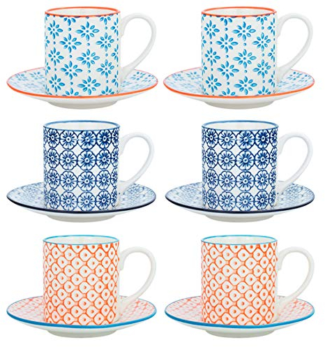 Nicola Spring 12 Piece Hand-Printed Espresso Cup & Saucer Set - 65ml - 3 Colours - Herbal Tea Coffee Mugs with Plates