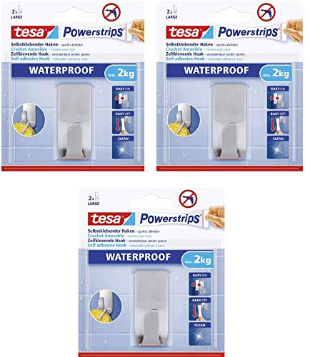 tesa Powerstrips Haken wasserfest / Selbstklebende Halterung aus rostfreiem Edelstahl für Dusche, Bad und Küche, max. 2 kg (3er Pack)