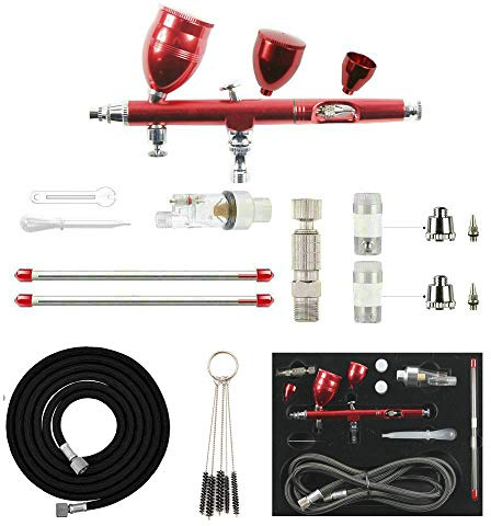 ABEST Kit de Pistolet à Peinture Aérographe Professionnel Double Action 0,2 mm, 3 mm, 5 mm Avec Trois Tasses de Capacité Différentes (2, 5, 13 CC) Pour Maquettes, Ongles, Peinture Corporelle