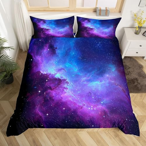 Feelyou Galaxy Duvet Cover Set King Size for Girls Boys Teens Kids Starry Sky Bedding Set Cosmos Comforter Cover with 2 Pillowcases Breathable Microfiber Blue Purple Quilt Cover Zipper 3 Pcs Gorgeous