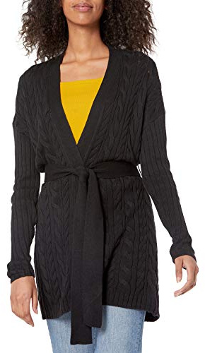 Amazon Essentials Maglione cardigan lungo aperto sul davanti con cintura morbida Donna, Nero, XS