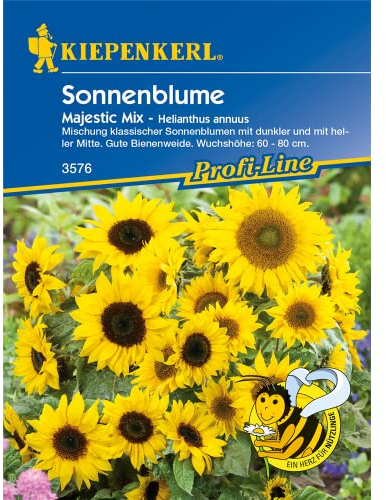 Sonnenblume Majestic Mix, Mischung klassischer Sonnenblumen mit dunkler und heller Mitte, gute Bienenweide