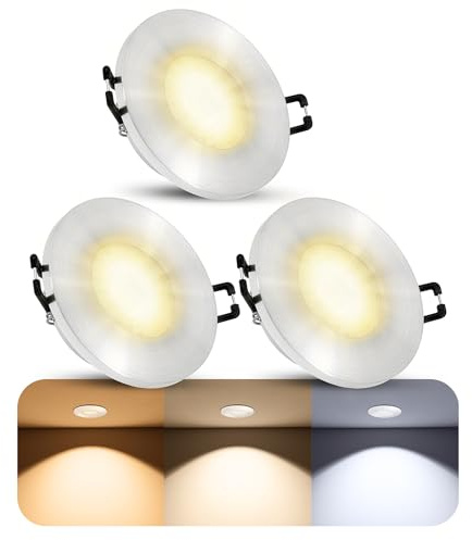 SSC-LUXon BEDA Bad Einbauspot 3er Set rund Alu dimmbar 6W 3 Lichtfarben | Drei dimmbare Bad-Deckenspots rund silber gebürstet - warm / neutral / tageslicht, wasserdicht IP65, für Bad & Dusche