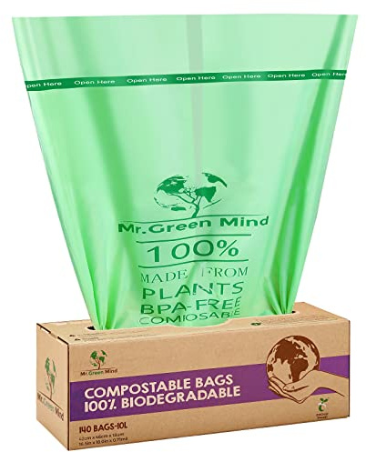 Mr. Green Mind ﻿Bio-Müllsäcke 10 Liter 140 Stück biologisch abbaubare Müllsäcke – 43 x 46 cm – 100% kompostierbare Müllsäcke - Inkl. Spender – Müllsäcke für Biomüll