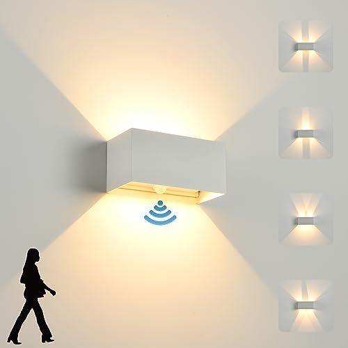 LED Wandleuchte Innen/Aussen mit Bewegungsmelder,24W Wandlampe,IP 65 Wasserdichte Außenwandleuchte 3000K Warmweiß Wandbeleuchtung,Modern Aussenleuchte mit Up Down Einstellbar Abstrahlwinkel,weiß