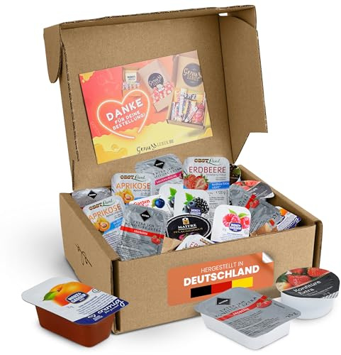 Genussleben® Frühstücksbox 900g – Konfitüren & Marmeladen Mix – Viele Sorten in kleinen Portionen – Perfekt für Büro, Familie, Hotel & Camping