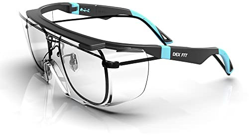 DEX FIT Safety Over Glasses SG210 OTG; Fit Over Your Eyewear, Z87 Eye Protection, Fog & Scratch Resistant, Adjustable for Women & Men, UV Protective (Black & Blue Frame, Clear Lens)