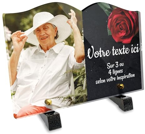 Plaque funéraire Livre avec Photo Personnalisable en plexi Motif Rose Rouge sur Ardoise, différentes Tailles, épaisseur 6mm, personnalisée sur Plusieurs Lignes 22x15 cm