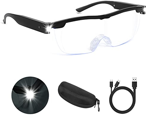 NZQXJXZ Lupenbrille mit Licht, 200% Leselupe mit Licht für Senioren, USB wiederaufladbare LED beleuchtete Lupe, Anti-Blaulicht, Hände frei Kopf Lupe Brillen für Enge Arbeit, Hobbys, Lesen, Handwerk