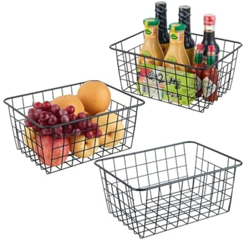 JUNCHU CHERRY Wire Kitchen Storage Basket 3 Packs,Perfect Pantry Organization Accessories Baskets,Laundry Basket,Countertop Organization,Suitable for Kitchen,Bathroom,Bedroom,Tabletop,Stackable,Black