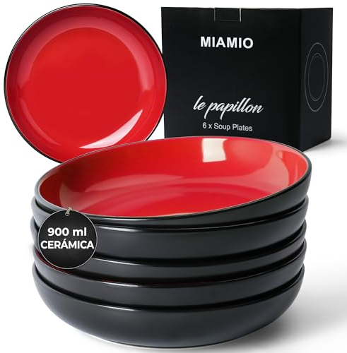 MIAMIO – Juego de 6 platos hondos de 900 ml / 22 cm para pasta/ensalada, cuencos de pasta anchos y poco profundos, plato hondo grande de cerámica - Colección Le Papillon (Rojo)