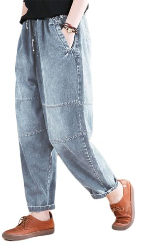 FTCayanz Damen Baggy Jeans Pull On Denim Jogger Elastische Taille Casual Haremshose mit Taschen, Jean Blue, M