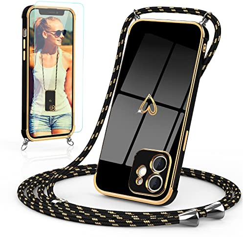 Togestar Handykette Hülle für iPhone 12 Mini Handyhülle mit Band und Schutzfolie, Kameraschutz Herz Love Design 360 Grad Stoßfeste Schutzhülle Silikon TPU mit Kordel zum Umhängen, Schwarz