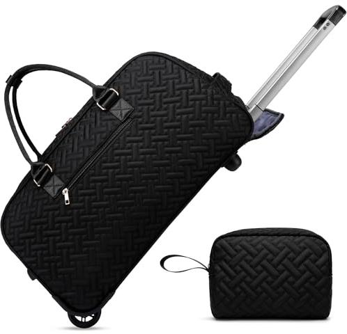 Rolling Travel Duffle Bag with Wheels for Women, Large Carry on Duffel Bags with Toiletry Bag Wet Pocket, Weekender Overnight Traveling Bag with Roller Black