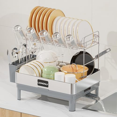 LIONONLY Geschirrabtropfgestell,2-Stufiges Premium 304 Edelstahl Abtropfgestell Geschirr,Abtropfgestell für Spülbecken mit Abtropffläche,Einstellbarer Auslauf, Utensilienhalter und Becherhalter