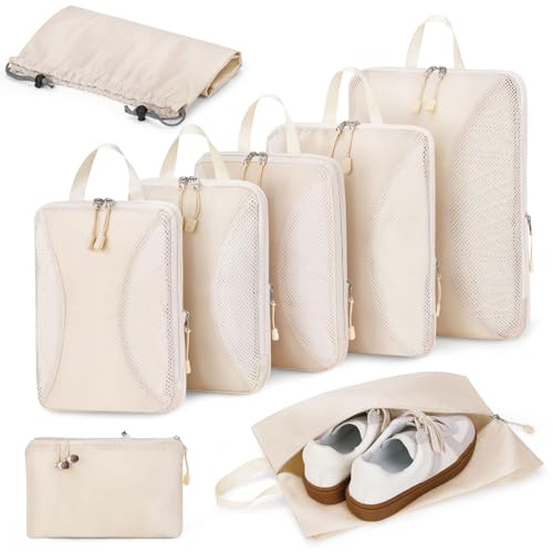 Kompressionsförpackningskuber 8 set, organiseringsväskor för resväska, resväskor, bagageorganisering packpåsar, flygkryssning semester nödvändigheter, beige