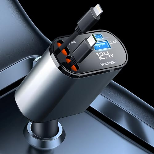 Einziehbares Auto Ladegerät, Euakee 60W 4-in-1 Handy Schnellladegerät, Multiport Auto Schnellladegerät mit Einziehbares Kabel Adapter für Zigarettenanzünder USB Kompatibel mit iPhone Huawei Samsung