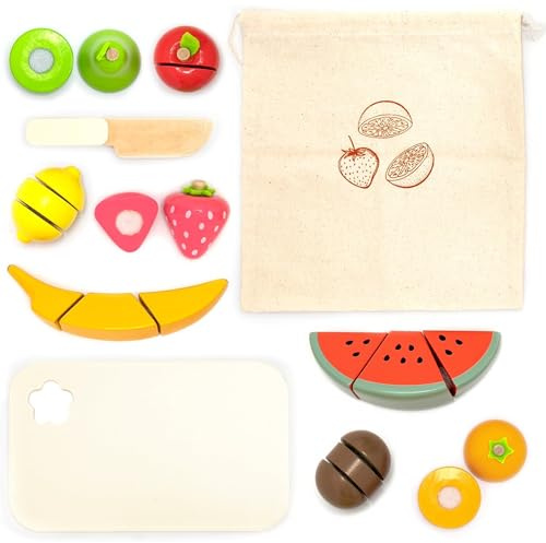 UMU® Holz Obst Schneideset für Kinder - Küchenspielzeug mit Lebensmitteln zum Schneiden und Kinderküche Zubehör (Holzmesser, Schneidebrett, Obstbeutel), Montessori-Holzspielzeug ab 2 3 4 5 Jahren