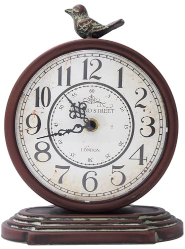 Vintage Table Clock 23cm Silent Non Ticking Artistic Bird Mantel Clock | Suitable For Home Office Decoration(Red brown)