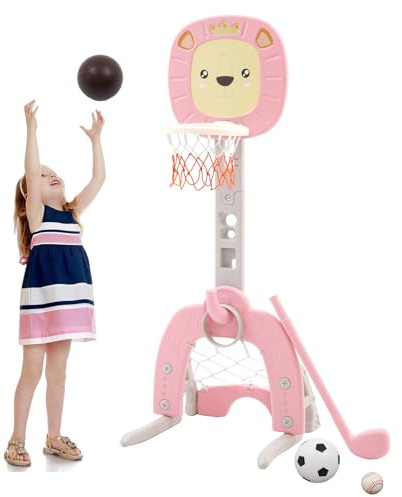 Barn basketkorg set 4-i-1 basketkorg utomhus inomhus med basket fotbollsring kasta golfspel höjd justerbart basketstativ 120–150 cm mini basketkorg för rum (‎rosa)
