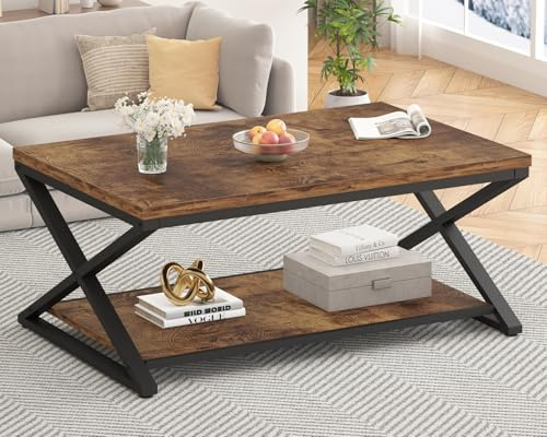 HSH 100 cm Wohnzimmertisch Holz Couchtisch mit Stauraum Rustikales Braun | Rechteckiger Couchtisch mit Ablage Wohnzimmer Tisch für Couch Stubentisch Klein