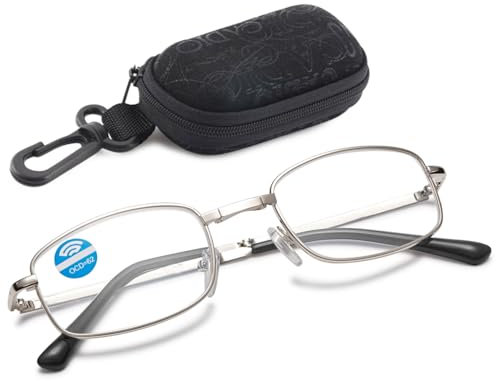 ABETOS Lesebrille Kompakte Faltbar Klappbar Lesehilfe mit Blaulichtfilter Mini Tragbare Metall Klappbrille Herren Damen Taschenbrille mit Etui, Silber+1.5