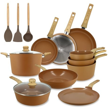 MENASTYL - Batterie de cuisine 13 pièces avec revêtement antiadhésif céramique (Sans PFAS/Sans PTFE) tous feux dont induction - En Aluminium - Gamme Colorama - Noisette - 6014029