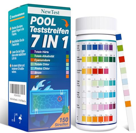NewTest Pool Teststreifen 7-in-1-150 Streifen Pool Wasser Tester pH und Chlor für Pool Whirlpool Spa