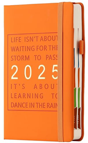 Kalender 2025, A5, Seite pro Tag von Januar bis Dezember, Tagesplaner für das ganze Jahr mit bunten monatlichen Registern, Hardcover, akademischer Terminplaner 2025 mit Innentasche, Lesezeichen