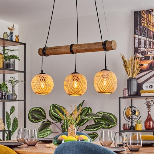 HOFSTEIN Pendelleuchte Basto, 3-flammige Hängelampe aus Metall/Holz/Bambus in Schwarz/Natur, Hängeleuchte im modernen Boho-Design mit Holzbalken, Höhe max. 150 cm, E27, Esszimmer, Wohnzimmer, Küche
