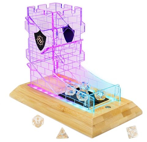 ENHANCE Torre da Gioco a LED da Tavolo con Set di Dadi da 7 Pezzi per Giochi di Ruolo - Set di Trasparenti, Lanciatore di Dadi a LED con Base in Bambù e Progetto a Torre del Castello