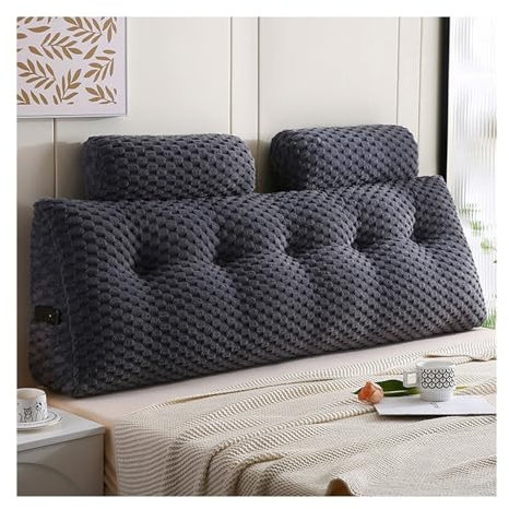 Großes bequemes Lesekissen mit abnehmbarer Nackenrolle und Seitentasche, Grau, perfekt für Bett, Sofa, Wand, Tagesbett, Set mit 2 Kissen, 150 x 50 x 20 cm
