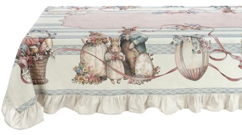 Blanc Mariclò tovaglia di Pasqua con Gala in cotone -linea JOUESES PAQUES-10 posti 170x240cm-decoro uovo con fiori e colomba pasquale-addobba la tua tavola di Pasqua-eleganza-idea regalo-lavabile