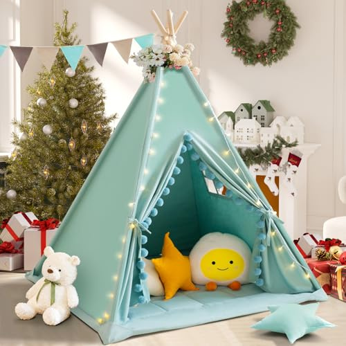 WIRHAO Teepee Tent for Kids with Padded Mat Cotton Canvas Kids Tent with Pompom for Toddlers Indoor Play Tent for Girls Boys with Stars Lights, Carry Bag, Banner Flag (Green)