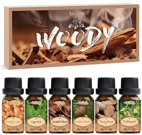 SALKING Woody Essential Oils Gift Set, Natural and Pure Aromatherapy Fragrance Oils for Diffuser, Humidifier, Massage- Frankincense, Teakwood, Sandalwood, Cypress, Cedarwood, Patchouli