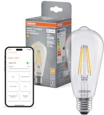 Osram SMART+ LED-Lampe Edison, E27 Kolbenform, Filament-Optik, warmweiß 2700 K, dimmbar, App-Steuerung, kompatibel mit Alexa und Google