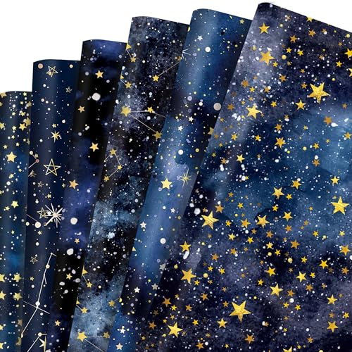 Lot de 12 feuilles de papier cadeau bleu ciel étoilé - Papier cadeau imprimé double face - 6 types de papier cadeau pour enfants, vacances, anniversaire - 50 x 68 cm